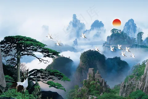 黄山迎客松中堂画PSD分层素 黄山迎客松中堂画PSD分层素