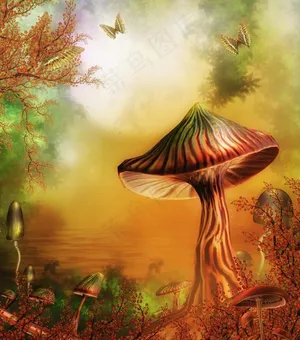梦幻童话影楼背景 蘑菇树 蝴蝶 红叶图片