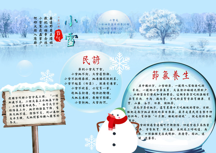 蓝色小雪节气小报手抄报模板psd模版下载