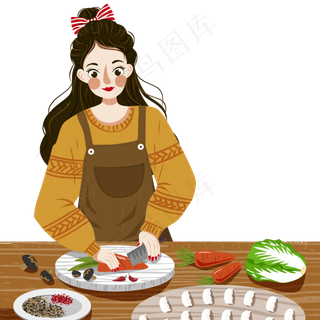 彩绘切菜做饭的女孩可商用元素彩绘切菜做饭的女孩可商用元素