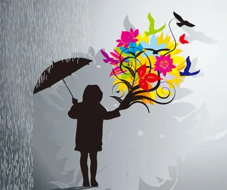 雨天鲜花人物剪影矢量图