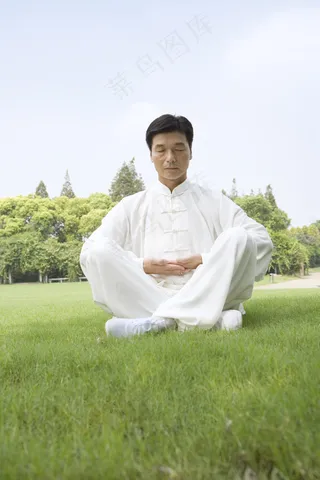 草地上打座的中年师傅图片图片