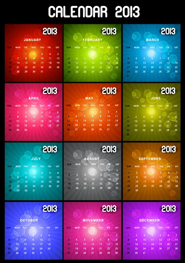 2013年炫彩背景月历矢量素材ai矢量模版下载