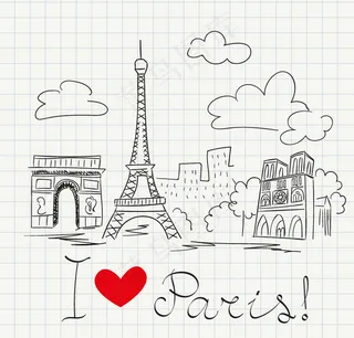 手绘巴黎著名建筑矢量素材.