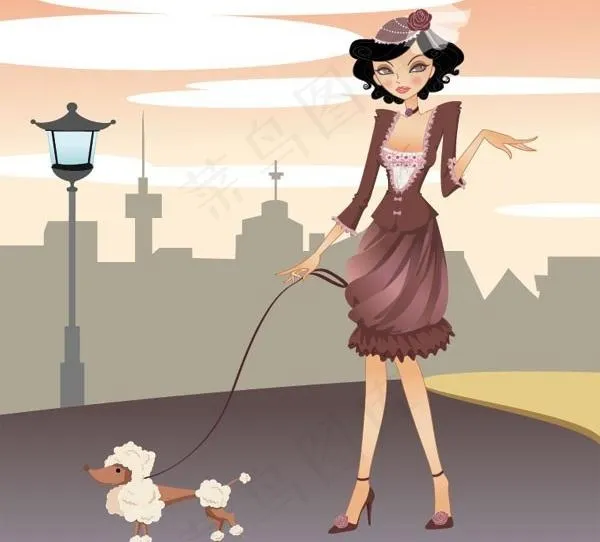 美女与狗矢量素材ai矢量模版下载