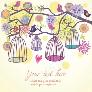 鸟语花香插画背景矢量素材1