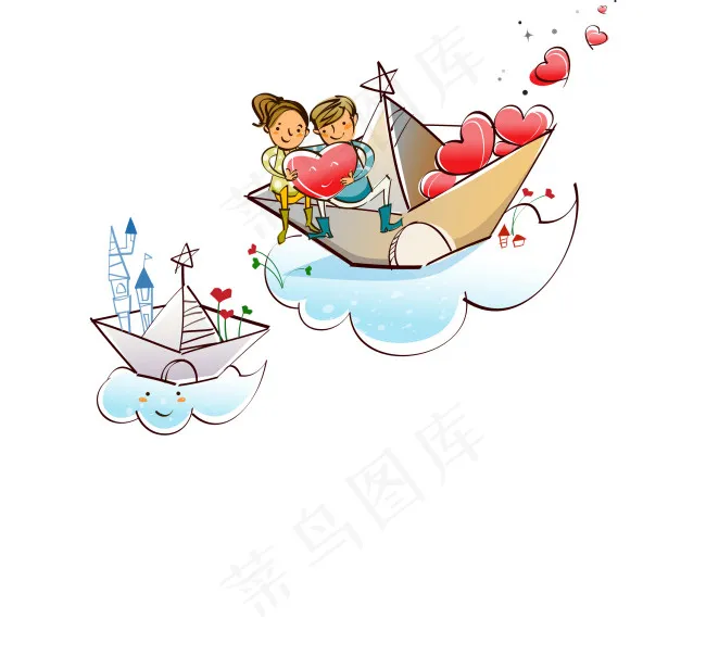 天空中纸船上的甜蜜爱人矢量插画源文...ai矢量模版下载