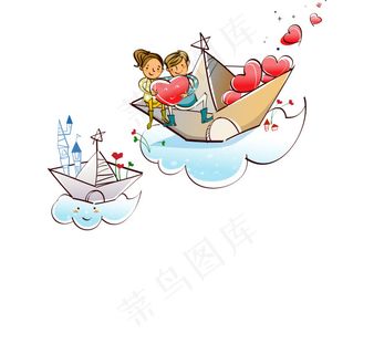 天空中纸船上的甜蜜爱人矢量插画源文...