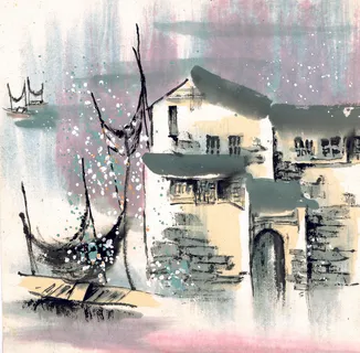 水墨笔触山水古风画