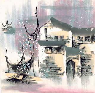 水墨笔触山水古风画