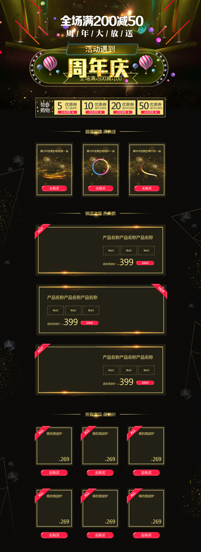 金色周年庆典首页装修店铺psd(1920X5256(DPI:72))psd模版下载