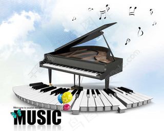 弧形钢琴键上的黑色钢琴