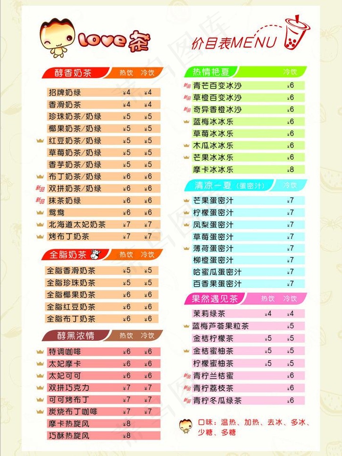 奶茶店价目表图片cdr矢量模版下载
