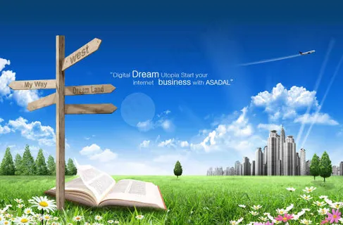 草地上的路牌和书本