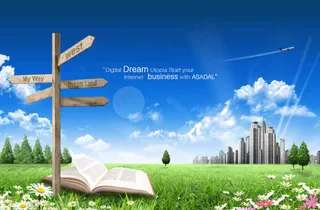 草地上的路牌和书本