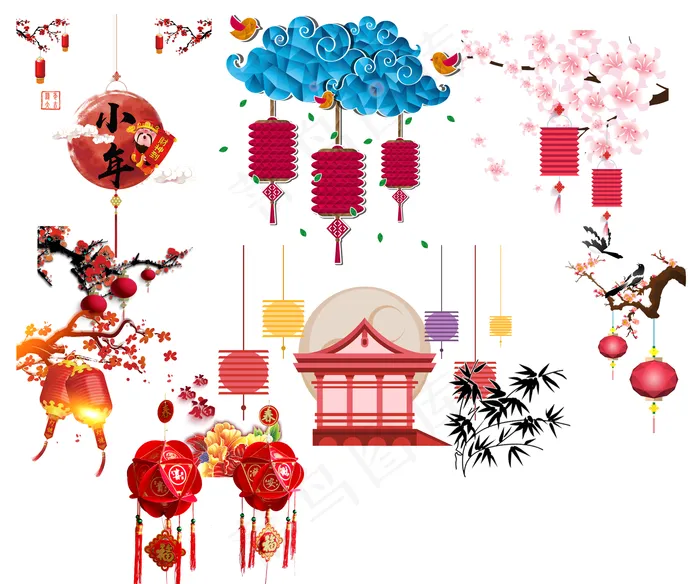 中国风梅枝喜庆挂大红灯笼元素(7087X5910(DPI:300))psd模版下载