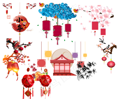 中国风梅枝喜庆挂大红灯笼元素 中国风梅枝喜庆挂大红灯笼元素