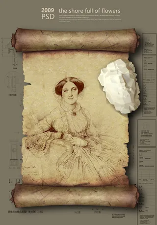 羊皮纸卷轴手绘欧式古典美女