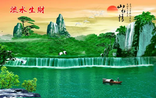 中式风水山水瀑布流水生财电视背景