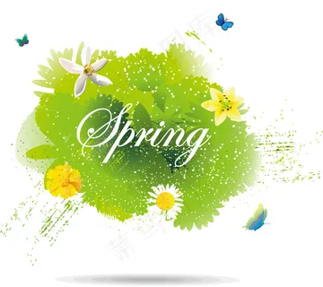 绿树鲜花蝴蝶春天背景图片