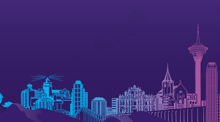 蓝色大气城市线条插画背景