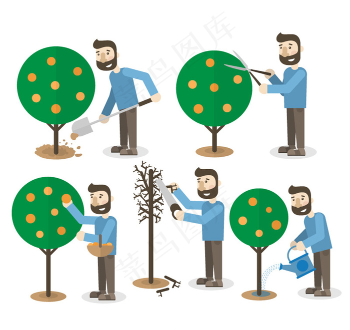 5款护理果树的园丁矢量图 5款护理果树的园丁矢量图