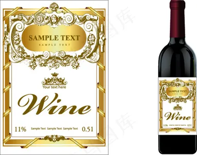 红酒瓶贴纸花纹设计矢量图瓶身贴