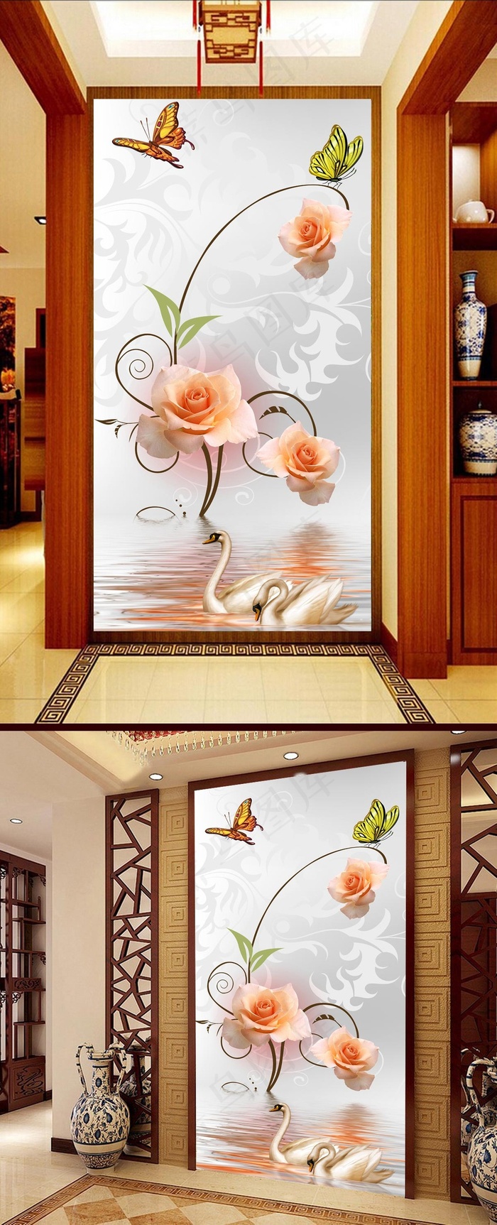 水中玫瑰花倒影3D玄关壁画背景墙psd模版下载