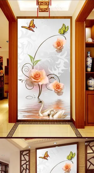 水中玫瑰花倒影3D玄关壁画背景墙