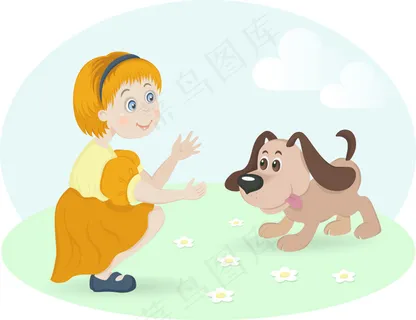 卡通女孩与宠物狗矢量素材