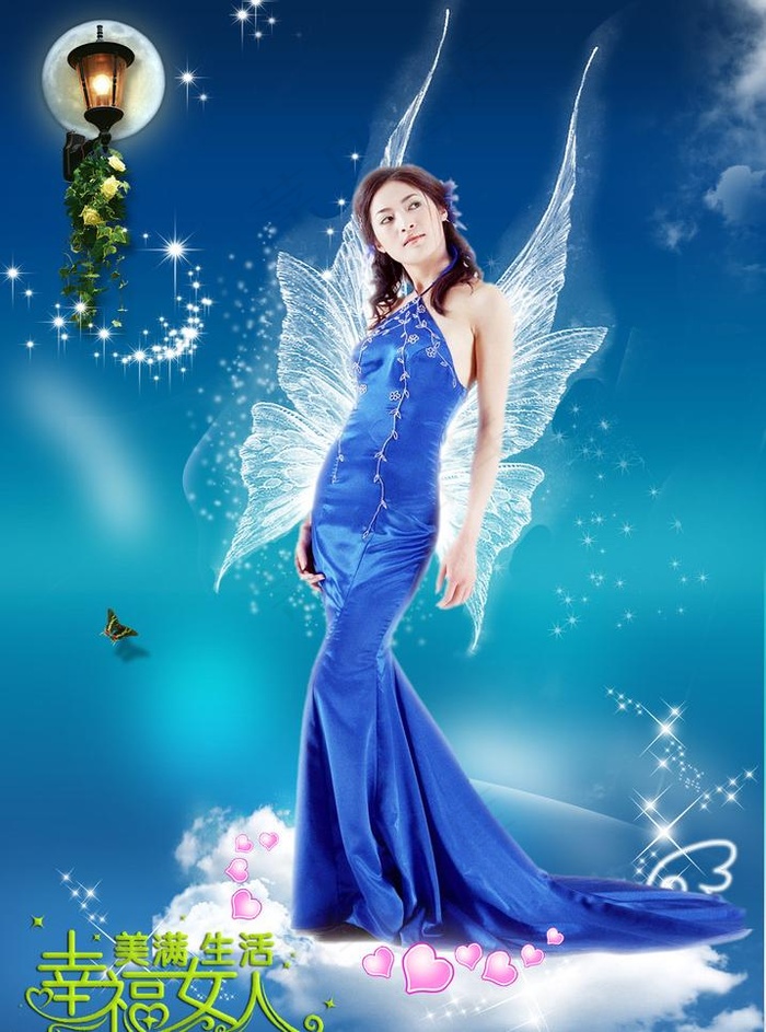 美女 美女背景 白云天空 灯塔 翅...