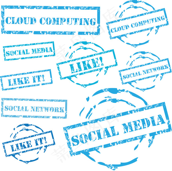 蓝色印章磨损戳痕矢量图 AI