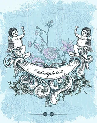 蓝色背景与黑白植物婚礼请柬设计矢量素材