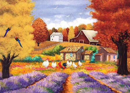 油画农家小院