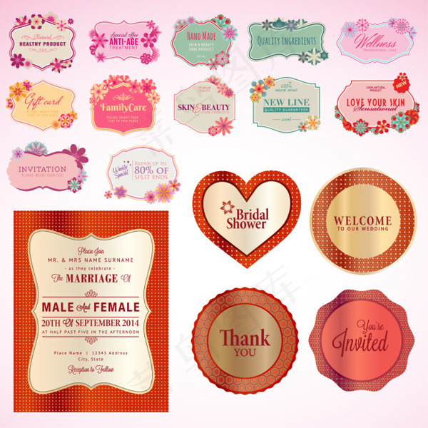 花朵装饰典雅标签矢量图 AI