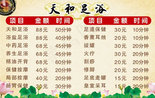 足浴台签价目表psd模版下载