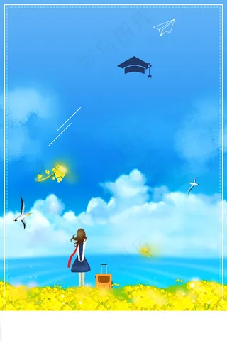 卡通女孩蓝天白云毕业季广告背景素材