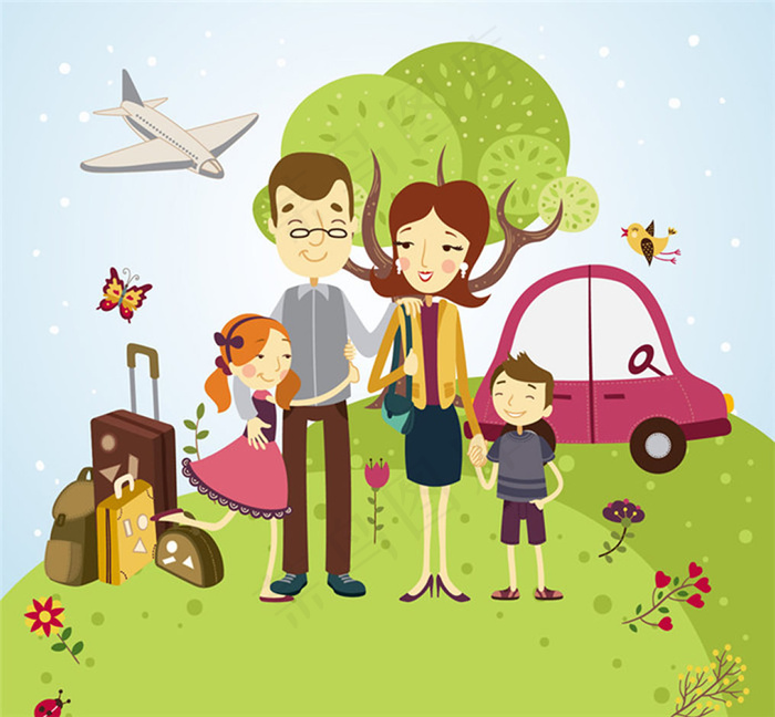 旅游度假的一家四口人