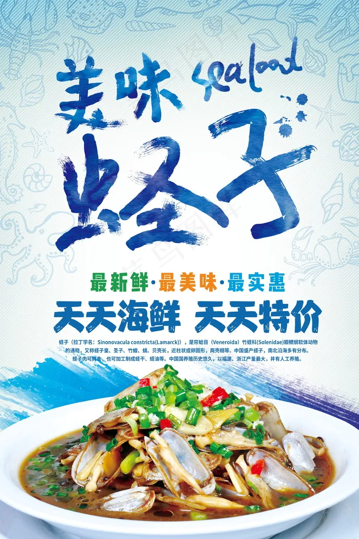 美味蛏子浅蓝色背景手写字体海报(3543X5315(DPI:150))psd模版下载