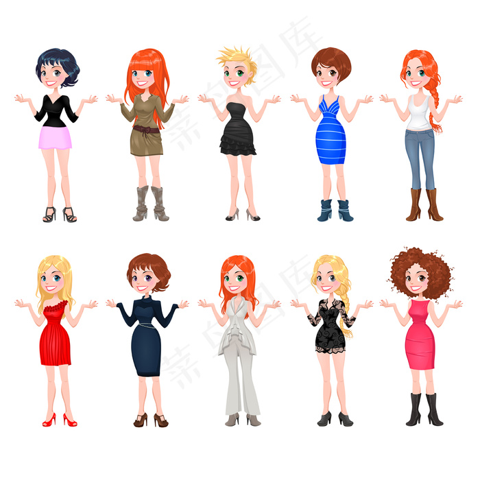卡通人物女士各种流行造型矢量图