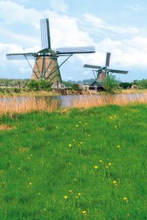 风车与水边的草地影楼摄影背景图片