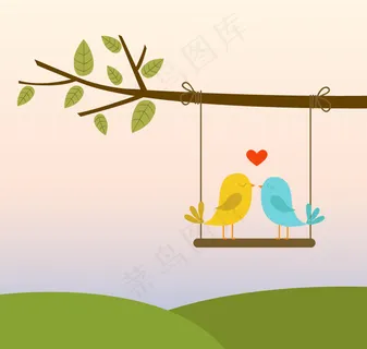 卡通树枝情侣小鸟矢量素材.