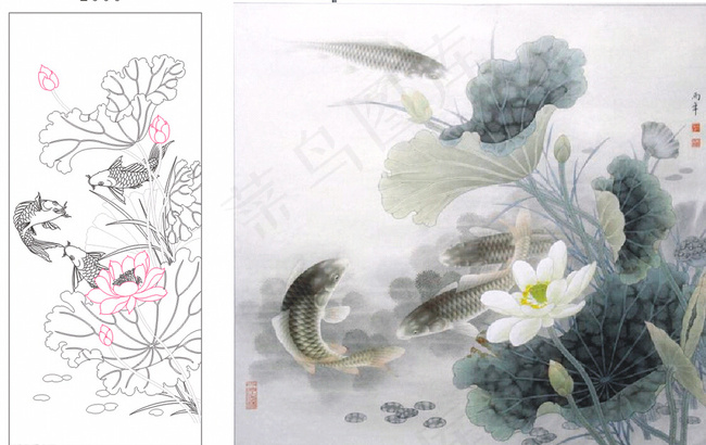 荷花鱼 水墨 玻雕图片