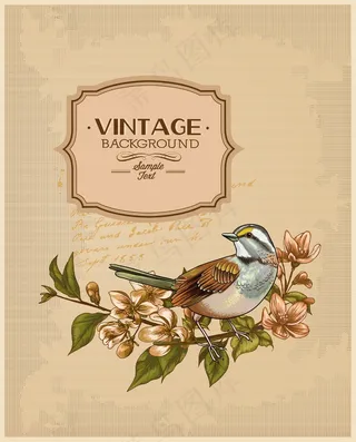 春花框鸟复古插画矢量