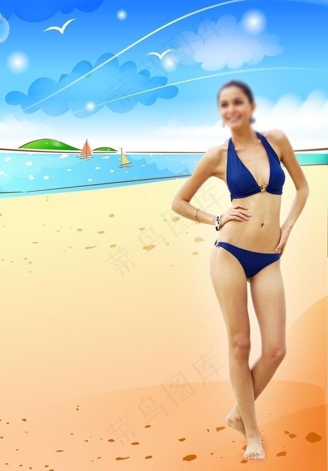 海边比基尼美女图片psd模版下载