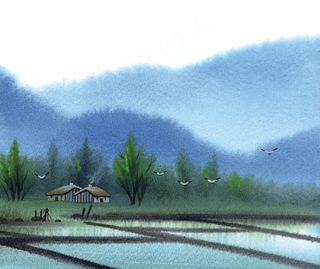 春景 高山 绿色树林 绿草地