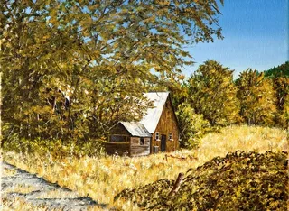 油画 林中小木屋图片