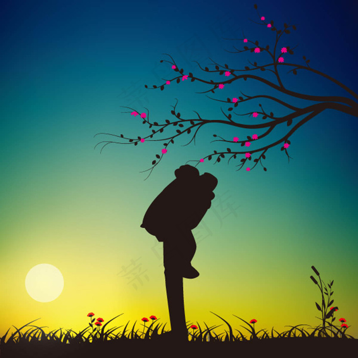 夕阳下的情侣剪影矢量素材