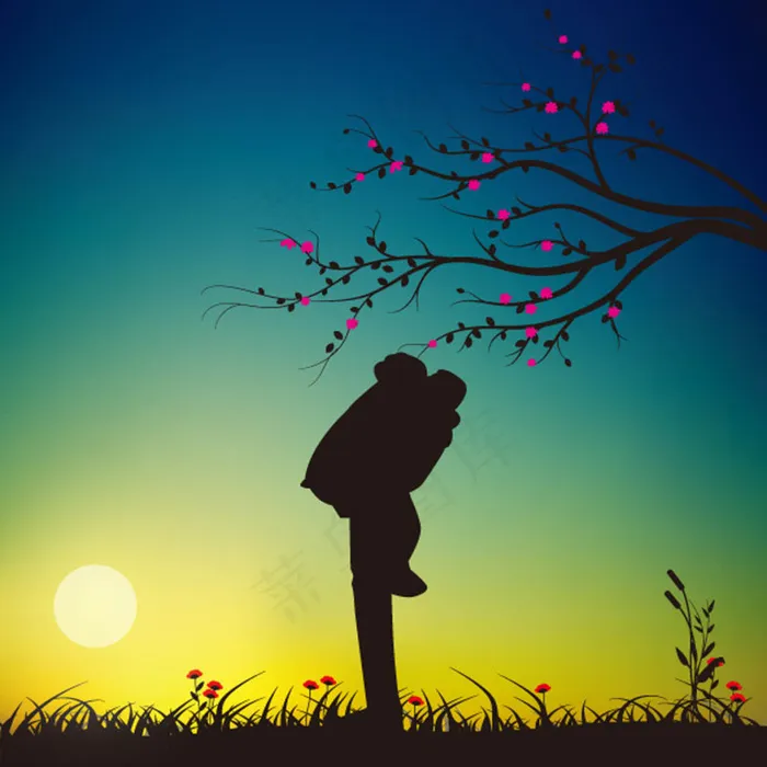 夕阳下的情侣剪影矢量素材