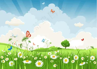 春天鲜花绿草矢量